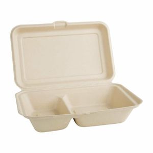 Fiesta Compostable Bagasse Two-Compartment Hinged Food Containers Natural Colour 253mm (Pack of 200) - FC541 - 3
