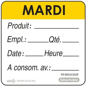 Roll Of 500 Dlc Self-adhesive Weekday Labels 5x5cm Tuesday Yellow - 257002 - 1