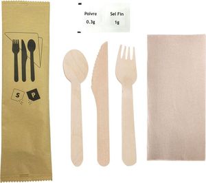 Box Of 250 Sets Of Wooden Cutlery 6/1: Fork, Knife, Spoon, 2 Ply Napkin, Salt, Pepper - 710769 - 1