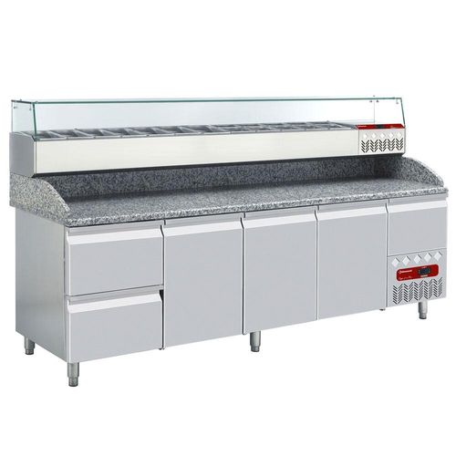 Diamond TP361/P9_SY249G/PP9 3 Door / 2 Drawer Refrigerated Counter with Splashback & Topping Unit, 11 x 1/3 GN - TP361-P9_SY249G-PP9 - 2