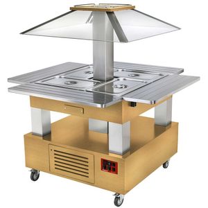 Diamond CSB/4D-D1-R2_KM Light Oak Wood Refrigerated Island Buffet Salad Bar with Motorised Roof, 4 x 1/1 GN - CSB-4D-D1-R2_KM - 1