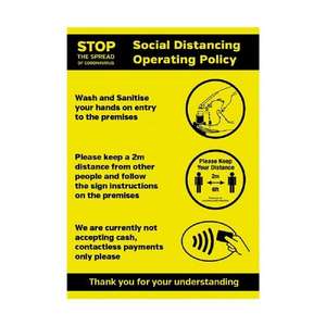 Social Distancing Operating Sanitiser Policy Self-Adhesive Poster A4 - Each - FN647 - 1