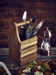 Acacia Wood Cutlery Holder 10 x 10 x 20cm - 3