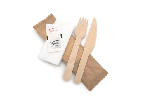 Wooden Cutlery 5 in 1 Pack – Knife/Fork/Napkin/Salt/Pepper (Full Case of 250) - GP3030004EG - 1
