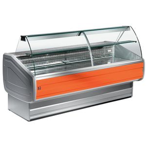 Diamond MY25/C1-VV/R2 Stainless Steel / Orange Trimming Refrigerated Curved Serveover Counter with Understorage, 2500mm - MY25-C1-VV-R2 - 1
