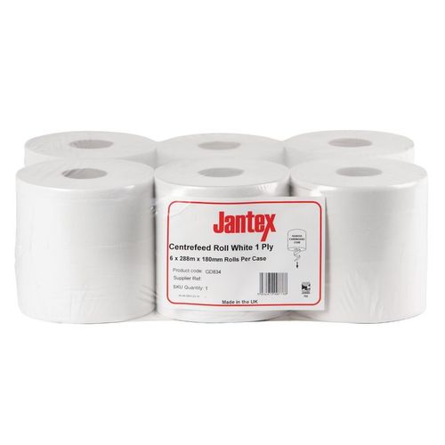 Jantex Centrefeed White Rolls 1-Ply 288m (Pack of 6) - GD834 - 2
