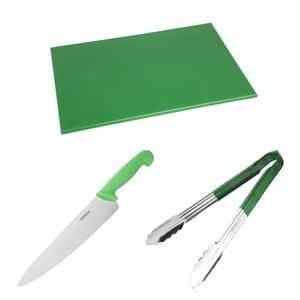 Hygiplas Colour Coded Green Set - Tong Chopping Board & Cooks Knife (Set of 3) - SA791 - 1