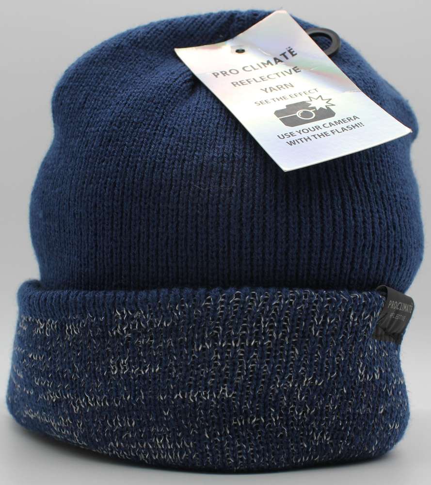 blue beanie with hi viz reflective thread yarn