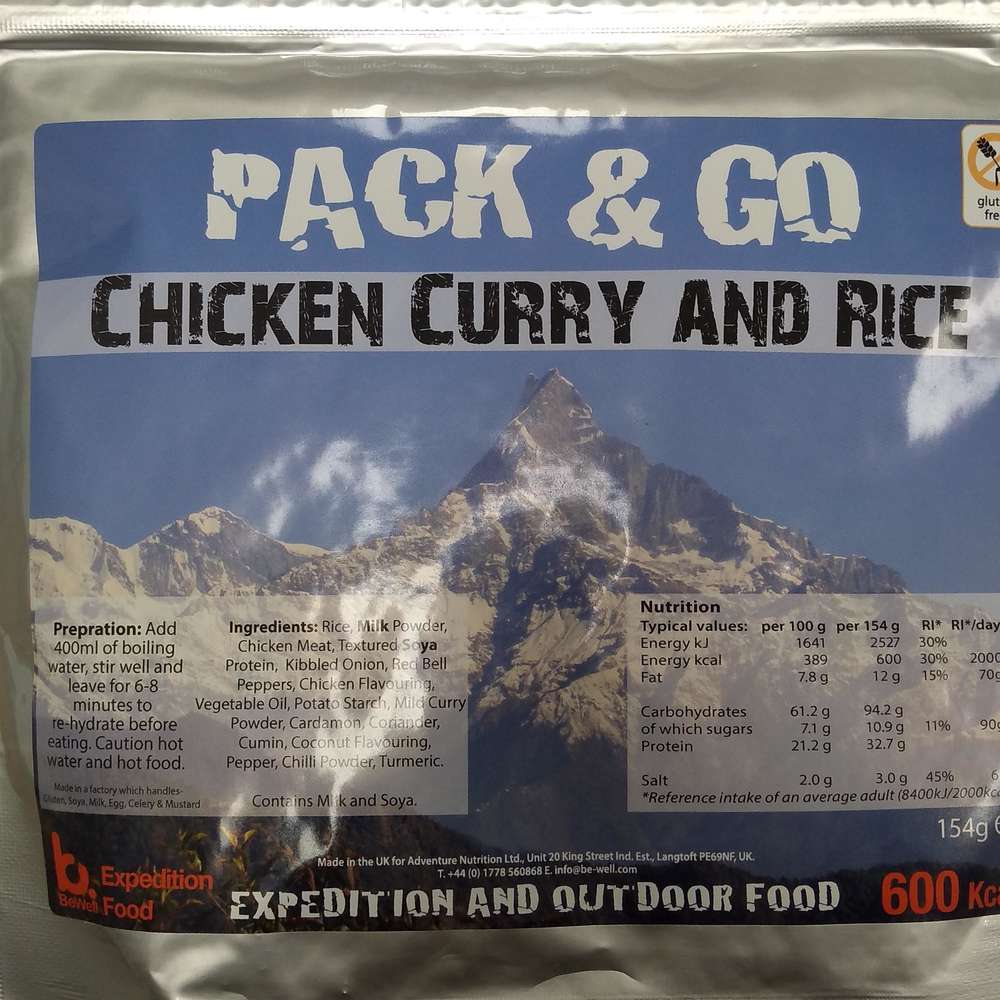 Sliver foil pouch contining Chicken Curry & Rice