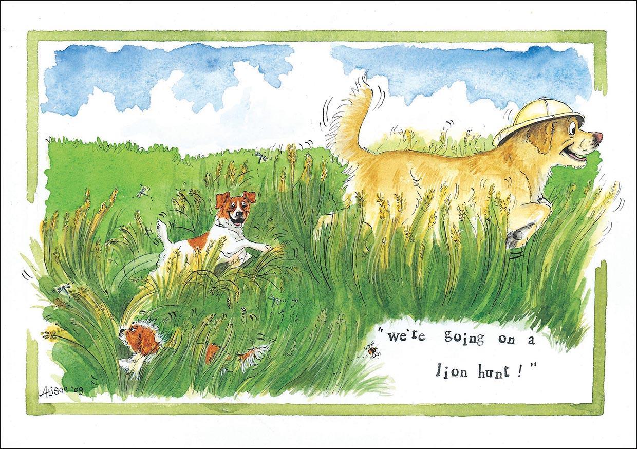 Lion hunt. Humorous greeting card.