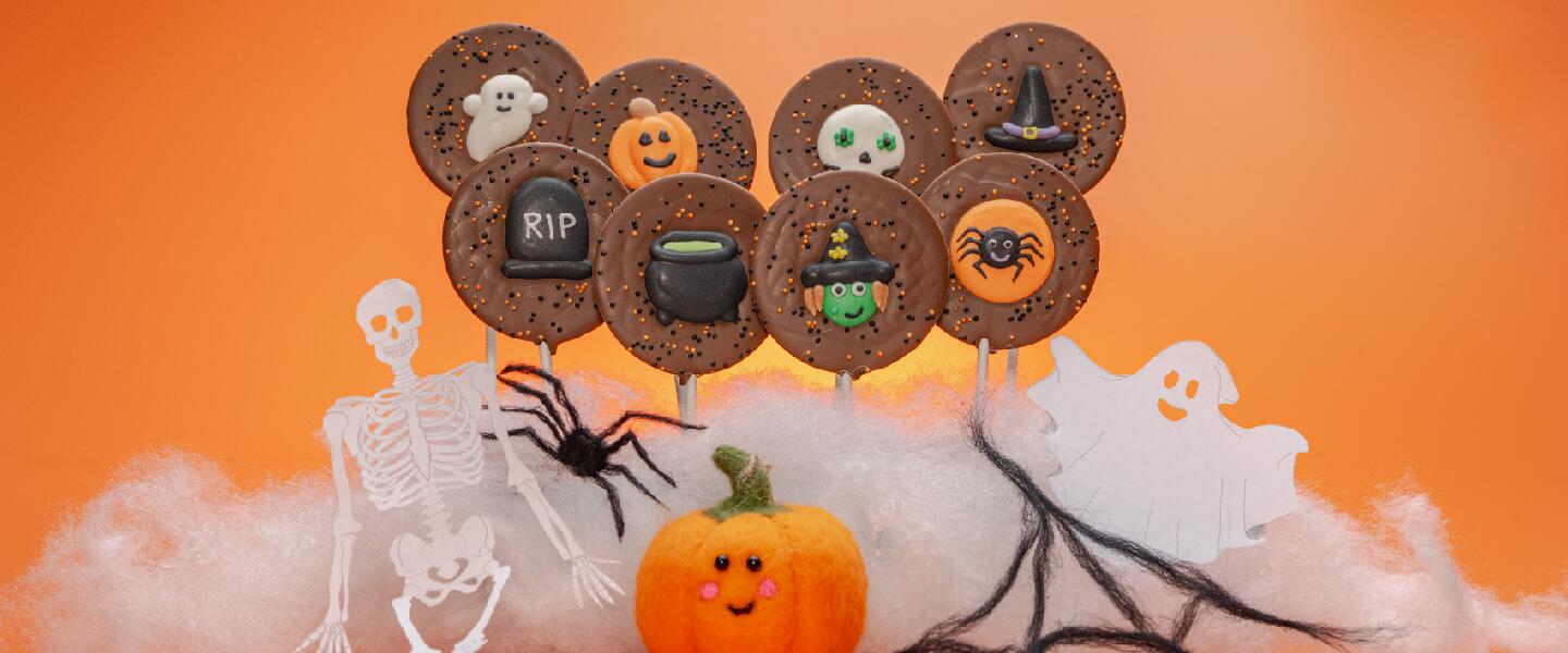 A range of halloween inspired chocolate lollies