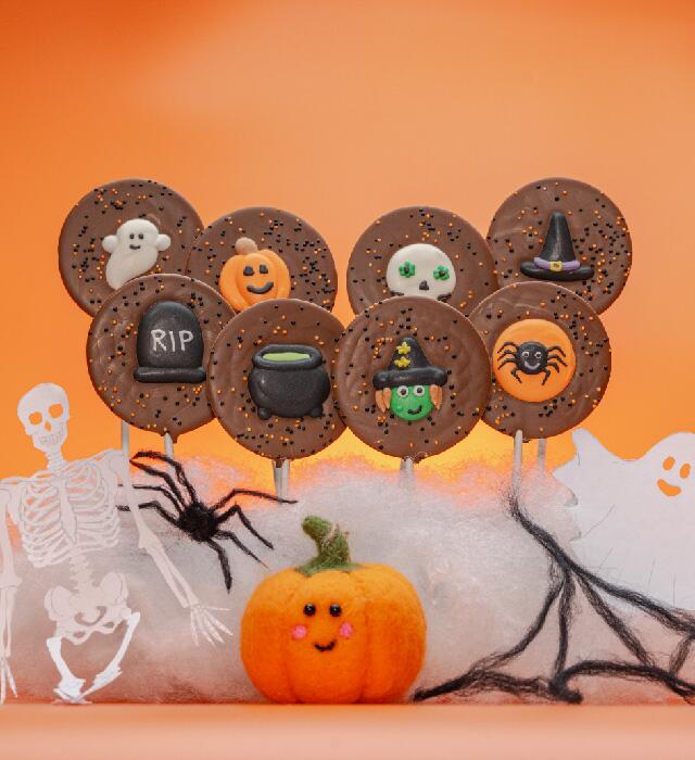 A range of halloween inspired chocolate lollies