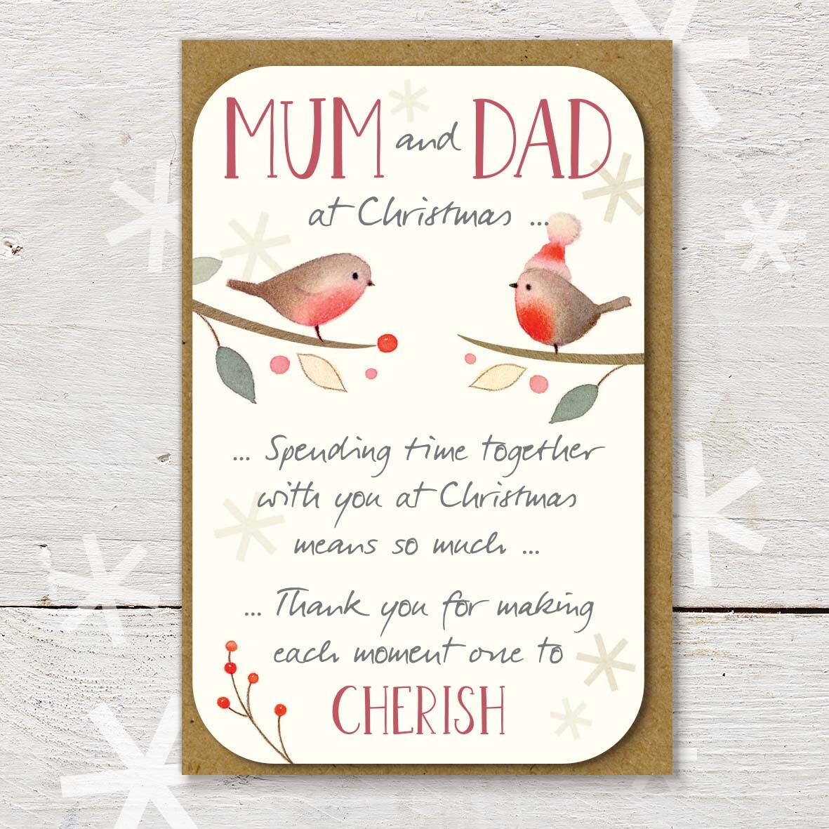 Christmas keepsake card with a ‘Mum & Dad at Christmas’ caption, featuring two cute robin friends and a lovely little Christmas verse.
