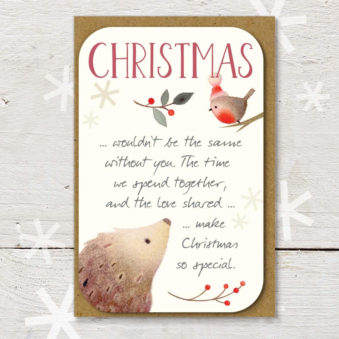 Christmas keepsake card with a ‘Christmas’ caption, featuring a hedgehog and robin friends and a lovely little Christmas verse.