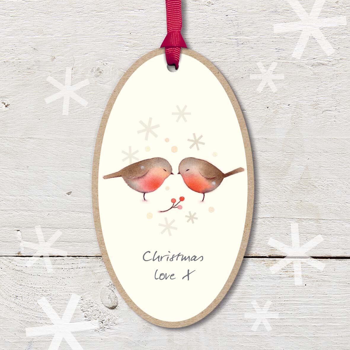 Large Christmas Wooden Plaque with attached red ribbon, featuring two cute robin friends, with a ’Christmas Love’ caption.