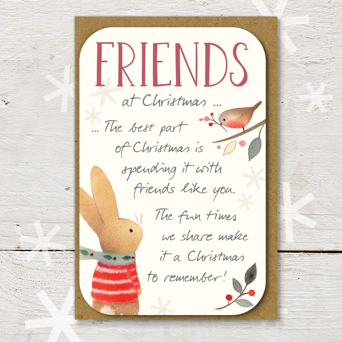 Christmas keepsake card with a ‘Friends at Christmas’ caption, featuring a cute rabbit and robin friends and a lovely little Christmas verse.