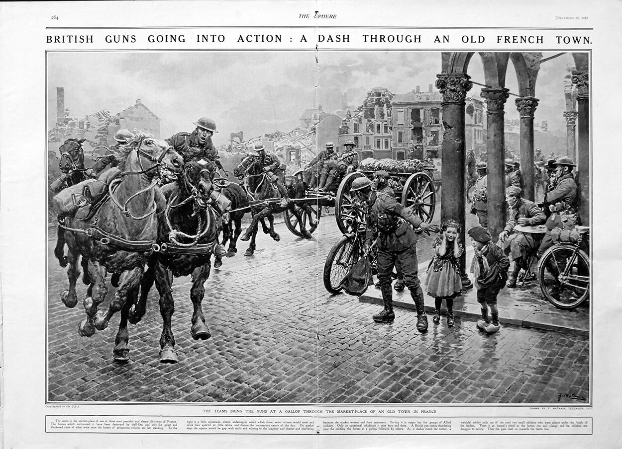 A Dash Through An Old French Town (original page from The Sphere 1917) art by Fortunino Matania A Dash Through An Old French Town (original page from The Sphere 1917) art by Fortunino Matania