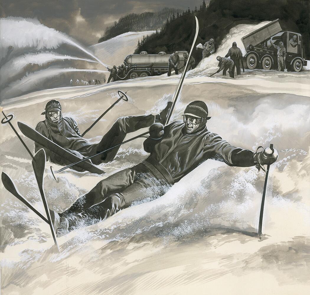Skiers and snow machines art by Ron Embleton Skiers and snow machines art by Ron Embleton