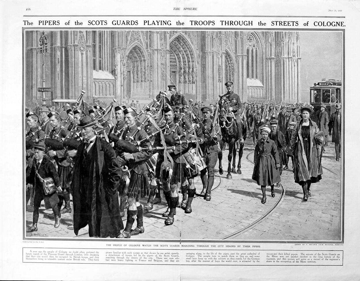 The Pipers Of The Scots Guards (original page from The Sphere 1919) art by Fortunino Matania The Pipers Of The Scots Guards (original page from The Sphere 1919) art by Fortunino Matania