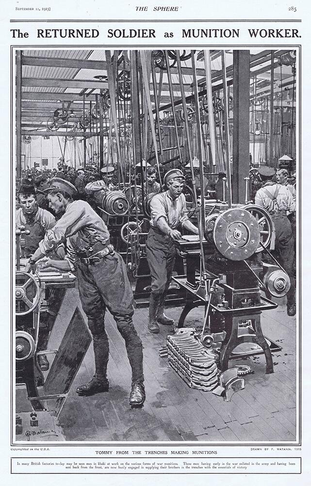 Tommy from the Trenches making Munitions (original page from The Sphere 1915) art by Fortunino Matan Tommy from the Trenches making Munitions (original page from The Sphere 1915) art by Fortunino Matan