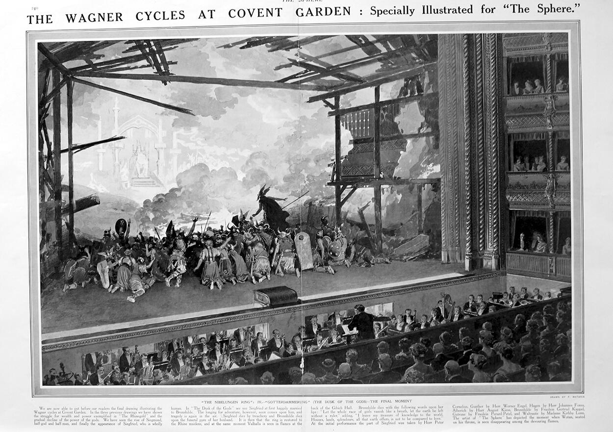 The Wagner Cycles At Covent Garden (original page from The Sphere 1913) art by Fortunino Matania The Wagner Cycles At Covent Garden (original page from The Sphere 1913) art by Fortunino Matania