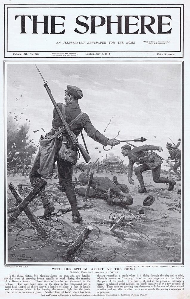 British Bomb Throwers at Work (original cover page from The Sphere 1915) art by Fortunino Matania British Bomb Throwers at Work (original cover page from The Sphere 1915) art by Fortunino Matania