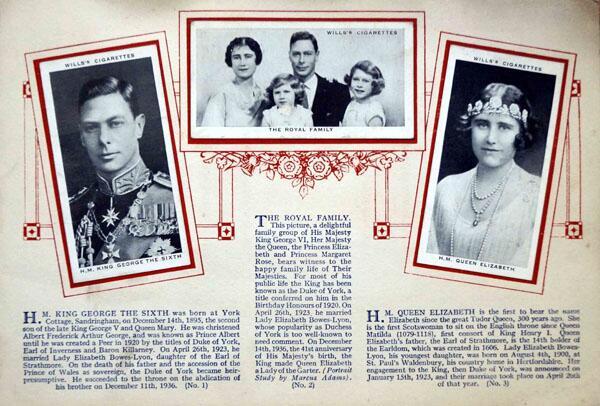 Complete Set of 50 Our King and Queen Cigarette cards in album (1937) by Various Complete Set of 50 Our King and Queen Cigarette cards in album (1937) by Various