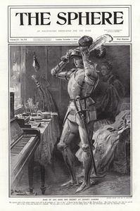 Joan of Arc dons her helmet at Covent Garden (original cover page from The Sphere 1913) art by Fortu Joan of Arc dons her helmet at Covent Garden (original cover page from The Sphere 1913) art by Fortu