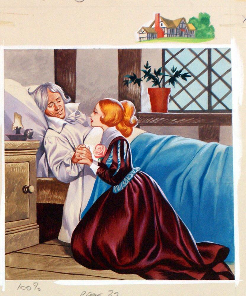 Belle kneels by her sick Father art by Ron Embleton Belle kneels by her sick Father art by Ron Embleton