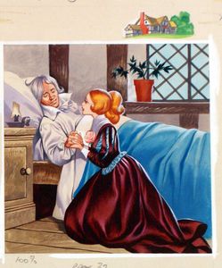 Belle kneels by her sick Father art by Ron Embleton Belle kneels by her sick Father art by Ron Embleton