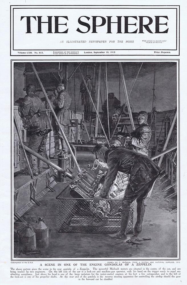 One of the Engine Gondolas of a Zeppelin (original cover page from The Sphere 1915) art by Fortunino One of the Engine Gondolas of a Zeppelin (original cover page from The Sphere 1915) art by Fortunino