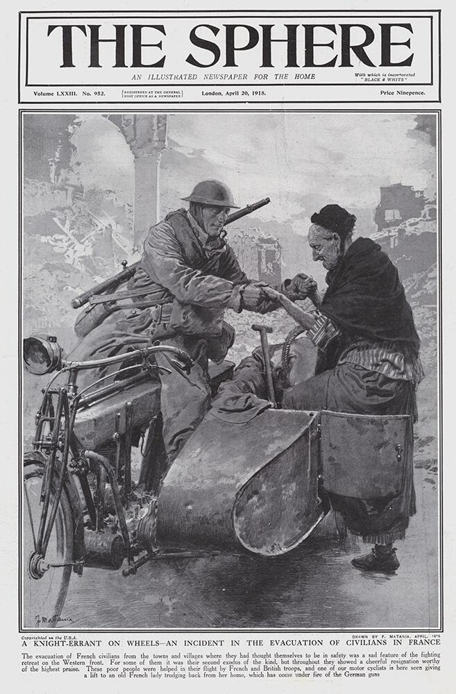 The Evacuation of Civilians in France (original cover page from The Sphere 1918) art by Fortunino Ma The Evacuation of Civilians in France (original cover page from The Sphere 1918) art by Fortunino Ma