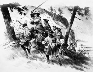 French troops storming Little Belle were faced with wooden cut-out soldiers art by Bill Lacey French troops storming Little Belle were faced with wooden cut-out soldiers art by Bill Lacey
