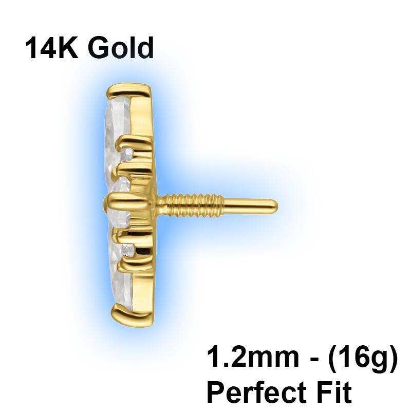 Perfect Fit 14K Gold Attachment for 1.2mm Perfect Fit Labret Studs - Moissanit Crystal Blossom (side view)
