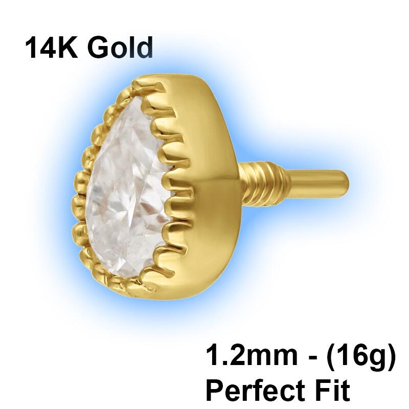 14K Gold Perfect Fit Attachment - 1.2mm (16g) - 0.8mm threading - Moissanit Drop (side)
