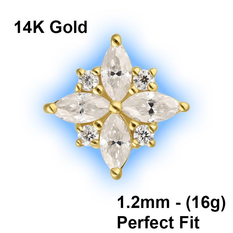 Perfect Fit 14K Gold Attachment for 1.2mm Perfect Fit Labret Studs - Moissanit Crystal Blossom