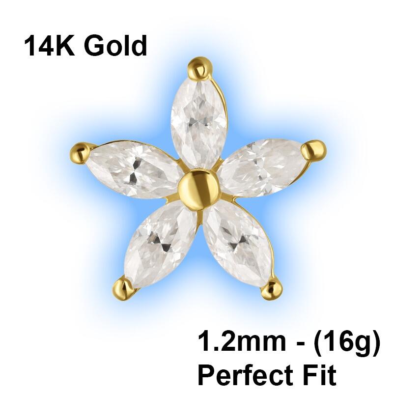 Perfect Fit 14K Gold Attachment for 1.2mm Perfect Fit Labret Studs - Moissanit Crystal Flower