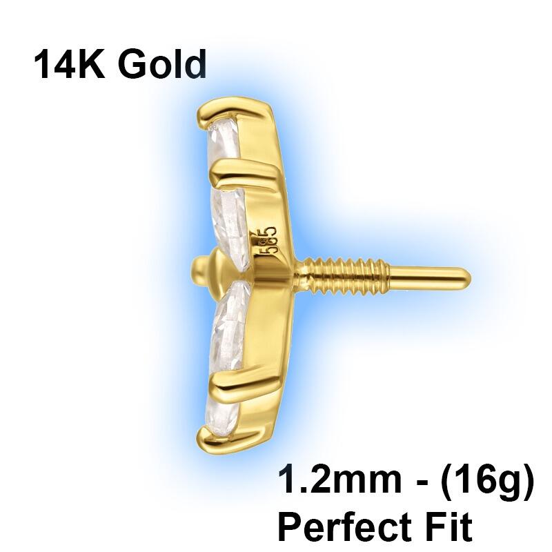 Perfect Fit 14K Gold Attachment for 1.2mm Perfect Fit Labret Studs - Moissanit Crystal Flower