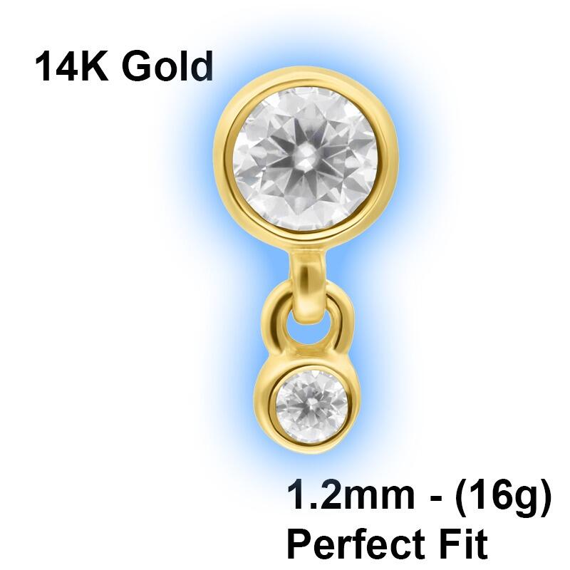 Perfect Fit 14K Gold Attachment for 1.2mm Perfect Fit Labret Studs - Double Crystal