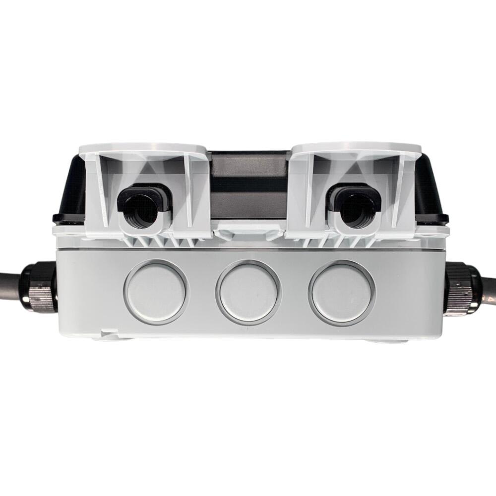 Close-up of the BG Nexus Storm double outdoor socket box with the protective cover closed.