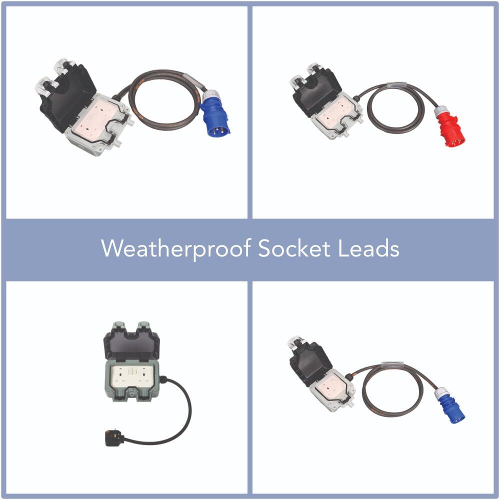 13 amp, 16 amp, 32 amp to 2 gang IP67 weatherproof socket leads