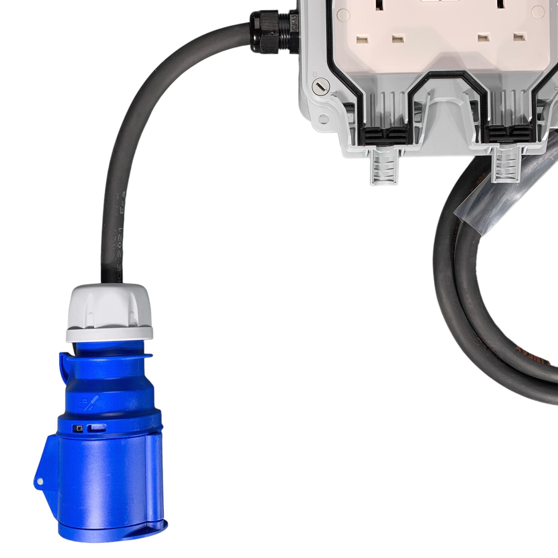 Close-up of the heavy-duty cable entry point and sealing gland on the base of the IP66 twin outdoor socket box.