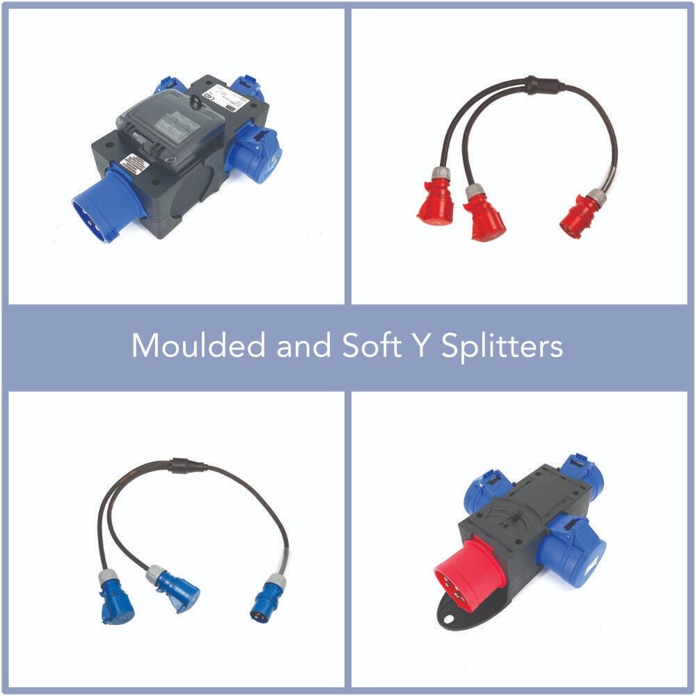 Portable distribution units and moulded Y splitters for temporary electrical installations