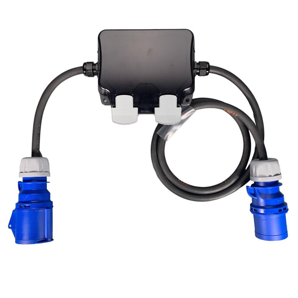 Full view of the 32A inline pass-through extension lead loop with the twin 13A outdoor weatherproof socket lid closed.