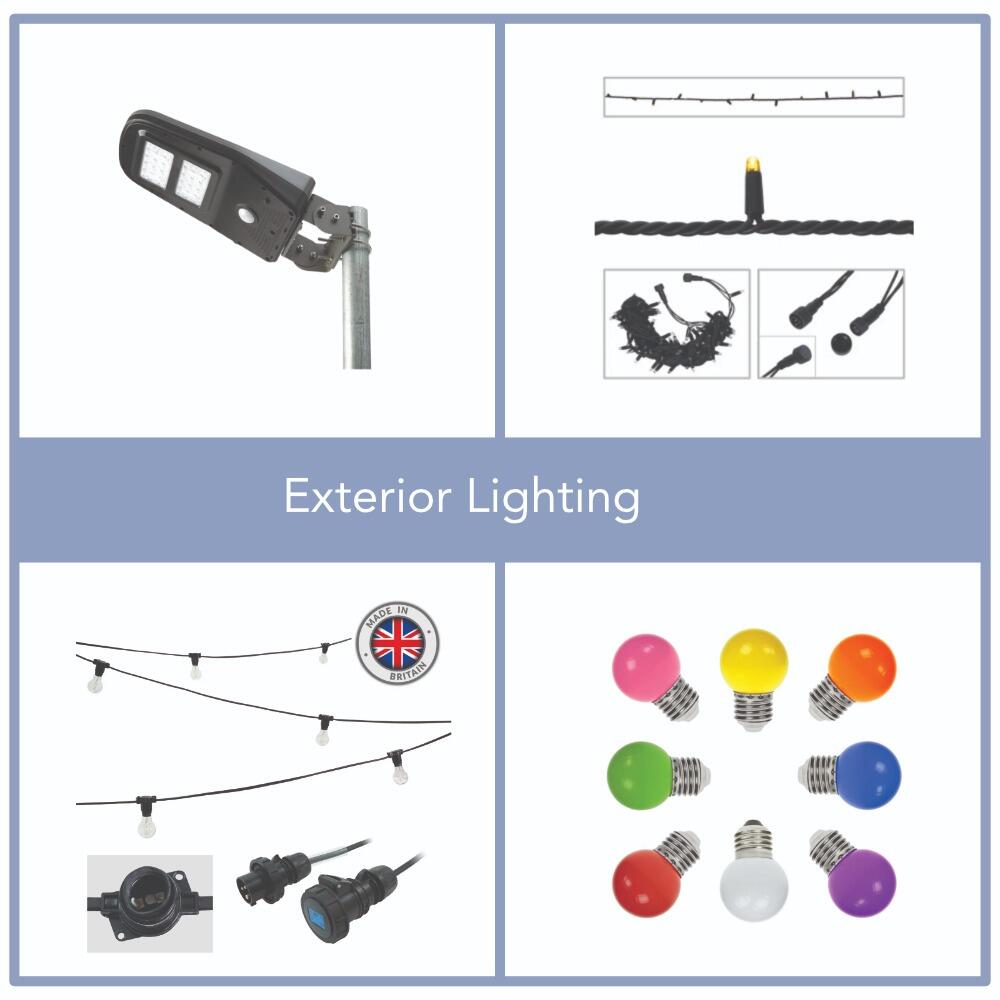 Exterior Lighting for Commercial Environments - Festoon Lighting, String Lighting, Arena 2K Solar Light and Shatterproof Bulbs.