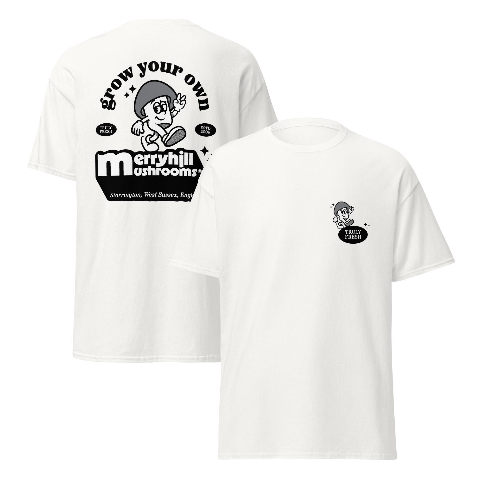 Back and front of merryhill mushrooms white t shirt