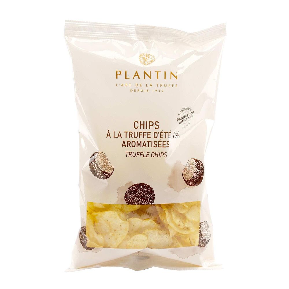 Bag of Plantin Truffle Chips 100g with visible truffle pieces
