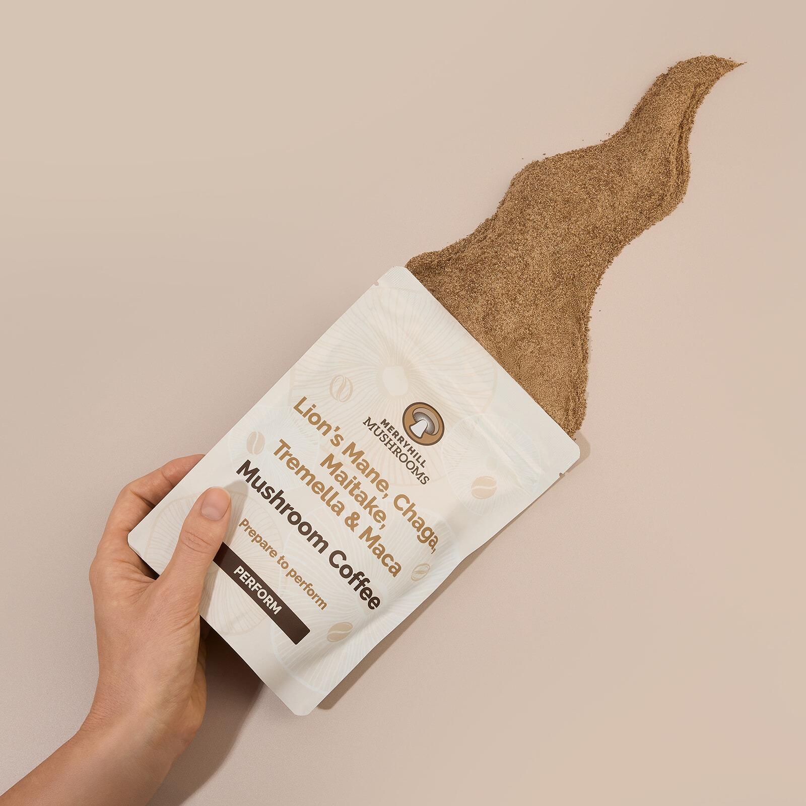 Packet of Mushroom Coffee for focus and contents on table