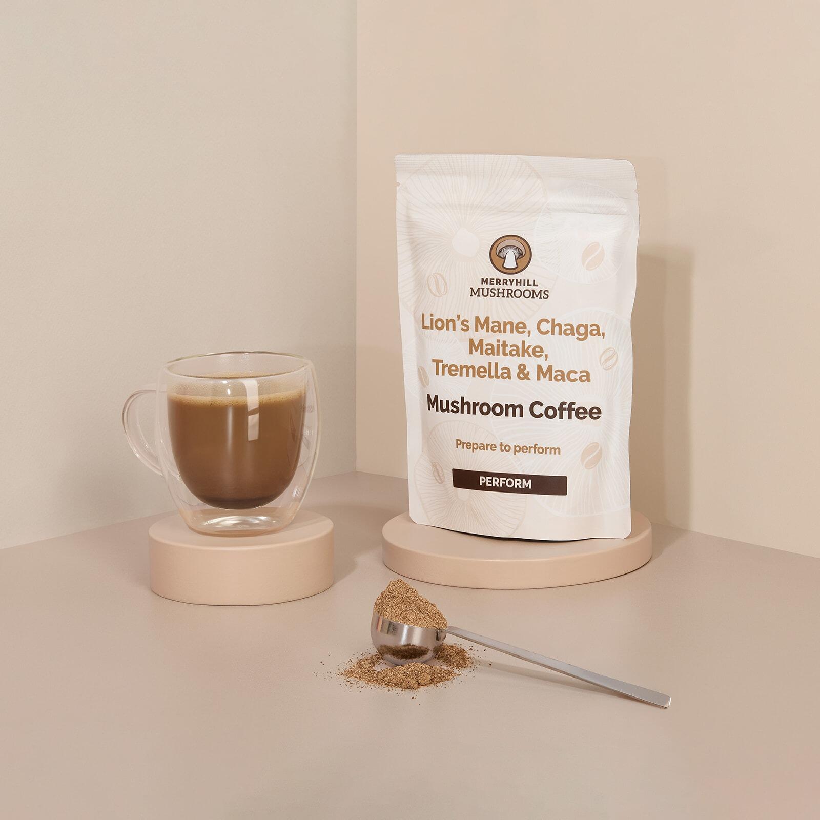 Perform mushroom coffee for energy pouch and glass mug of coffee