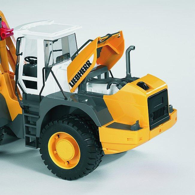 Close up of Bruder Liebherr L574 loader cab and bucket detail